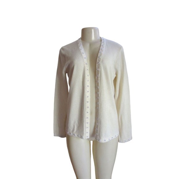New, Charter Club Open 2 Ply Cashmere Cardigan w Faux Pearls & Rhinestones, M - Picture 1 of 9